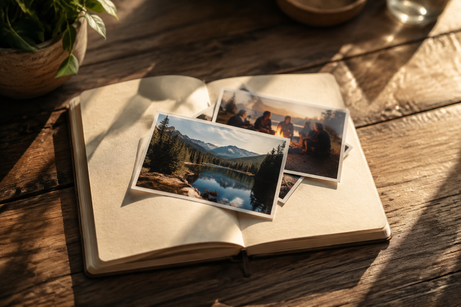 Photographic prints of a mountain lake and friends resting on an open journal in warm afternoon light