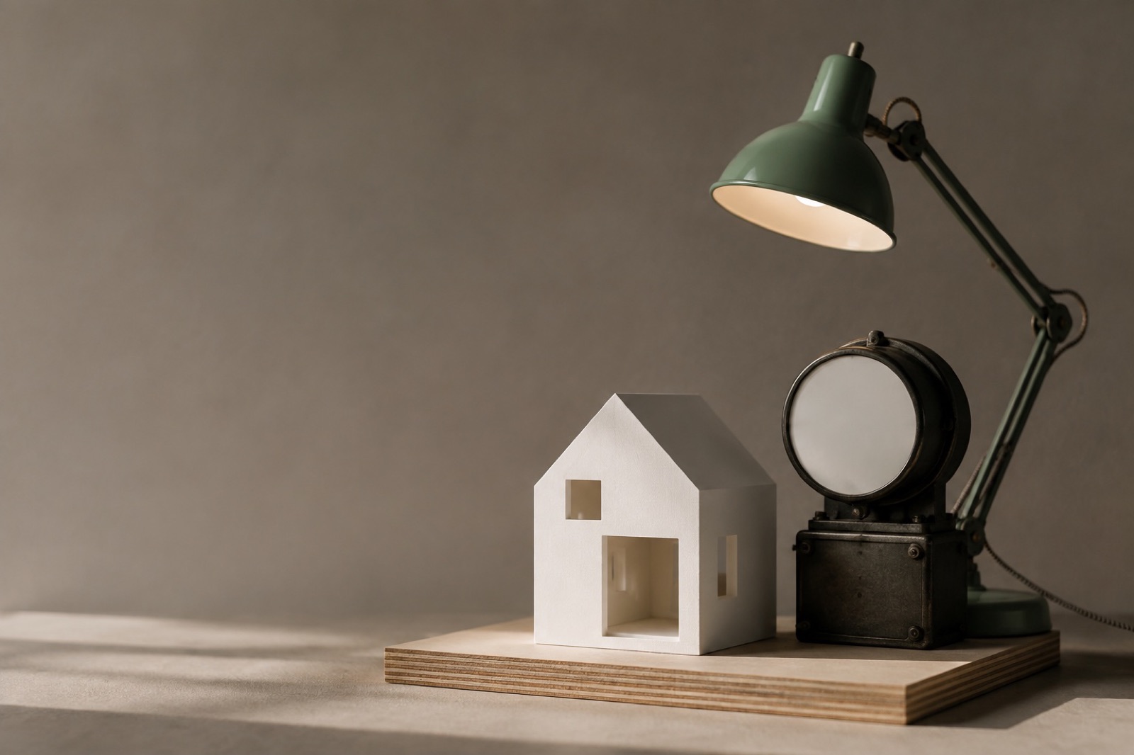 A model house under a desk lamp beside an old electricity meter
